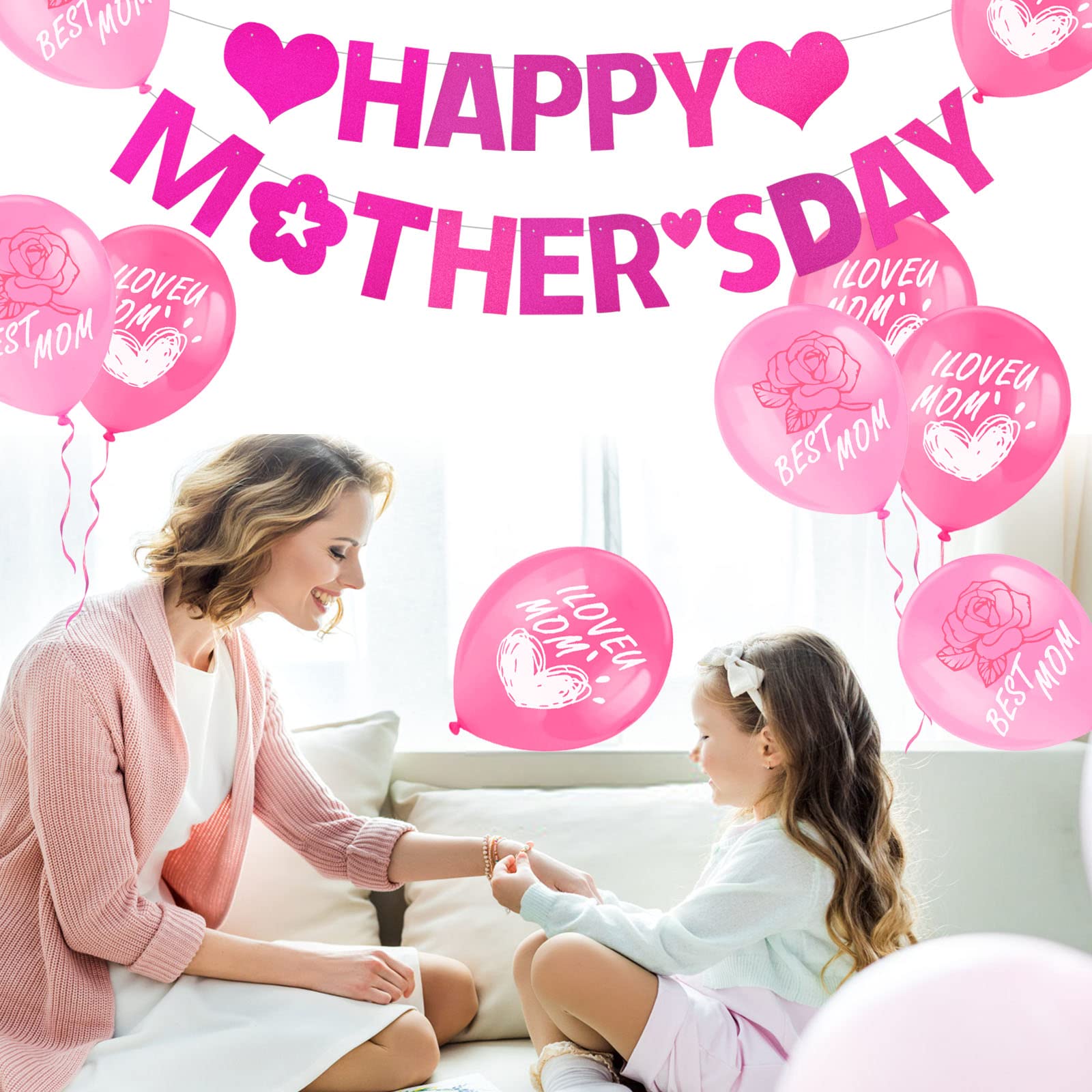 howaf-muttertag-deko-set-banner-rosa-20-latexballons-best-mom image 5