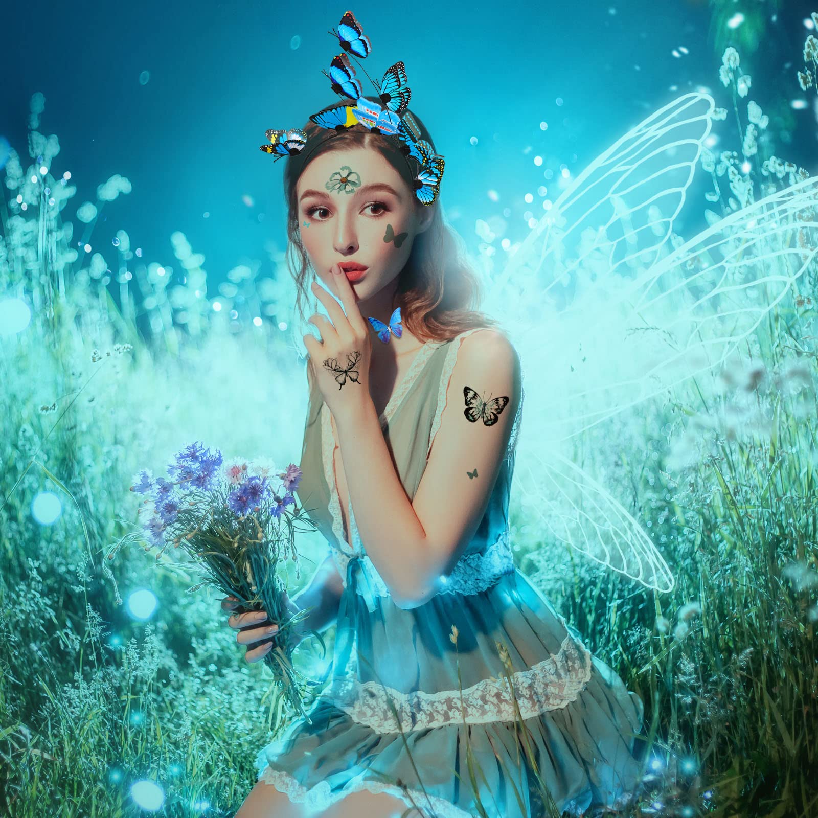 howaf-schmetterling-kost-m-set-blau-haarreif-tattoos-damen image 6