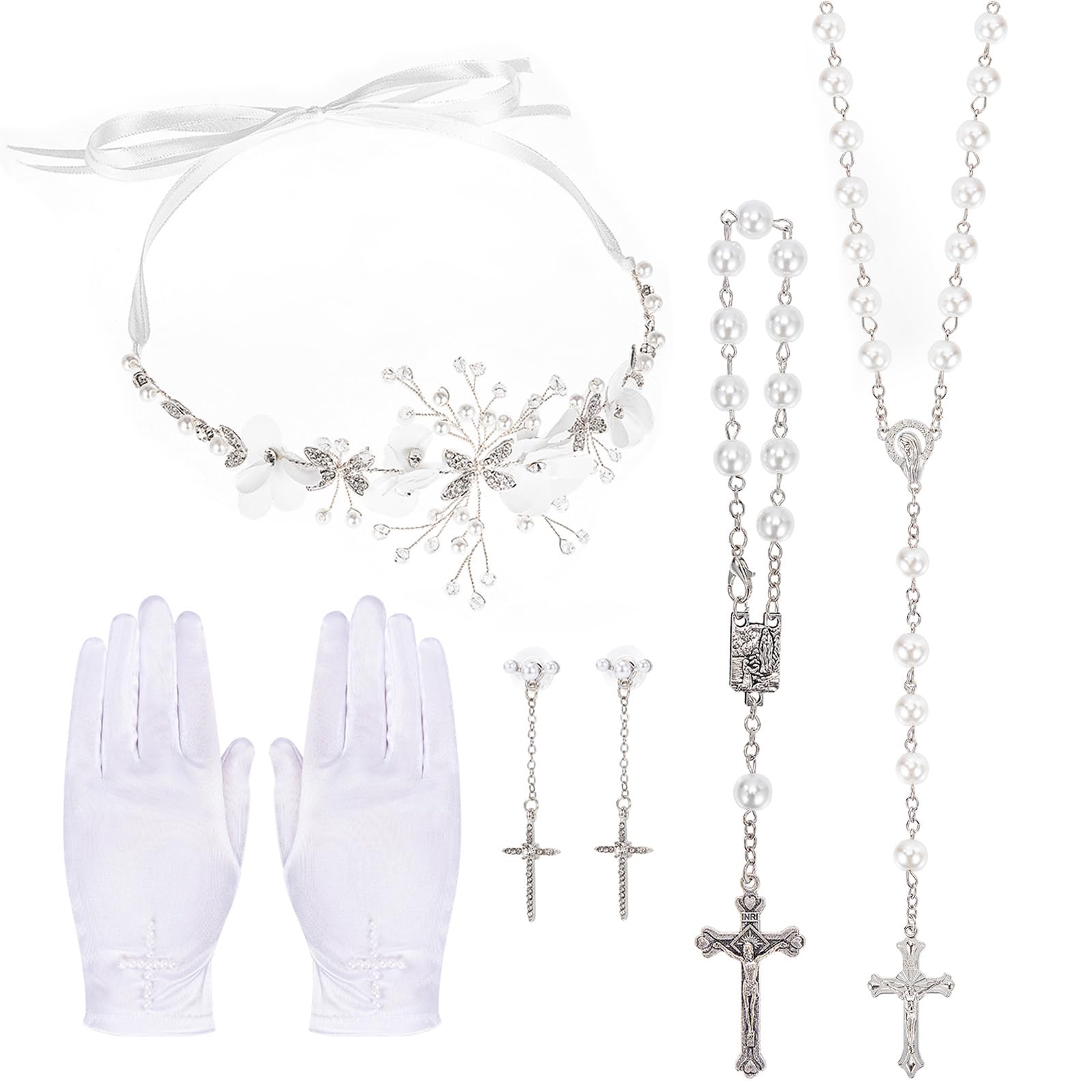 howaf-kommunion-set-5-teilig-haarschmuck-wei-mit-handschuhe image 1