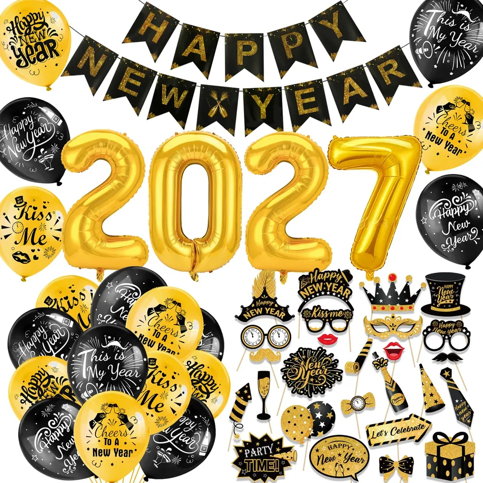 howaf-silvester-deko-2027-schwarz-gold-53tlg-ballons-girlande image 1