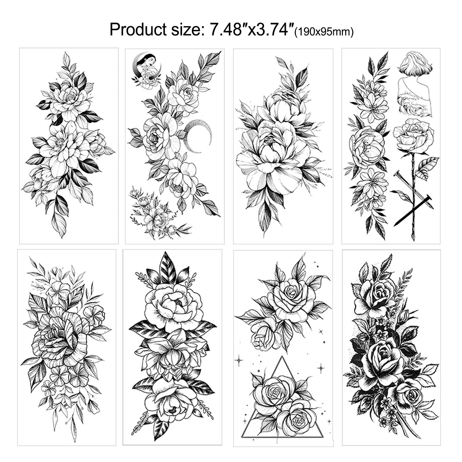 howaf-temporary-tattoos-schwarz-rose-8-bl-tter-blumen image 3