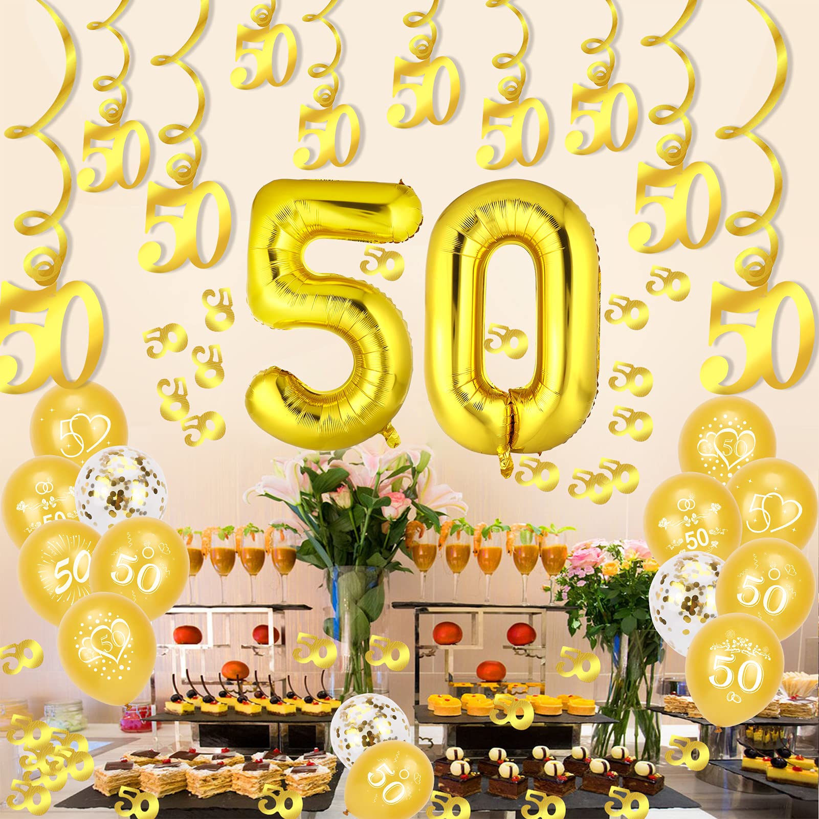 howaf-goldene-hochzeit-deko-set-gold-zahl-50-ballons-banner-konfetti image 6