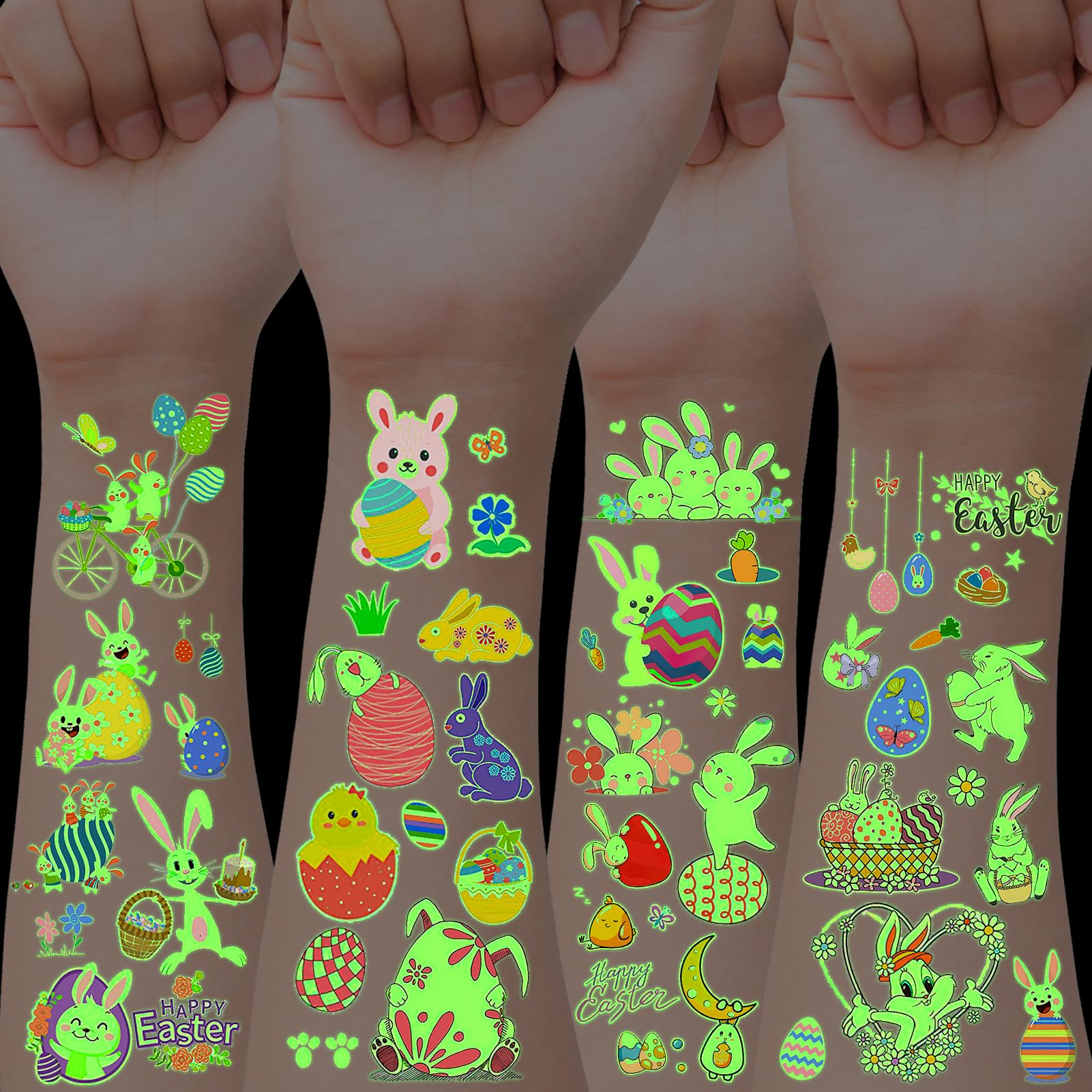 howaf-ostern-tattoos-kinder-12-bl-tter-leuchttattoos-mit-hase image 1