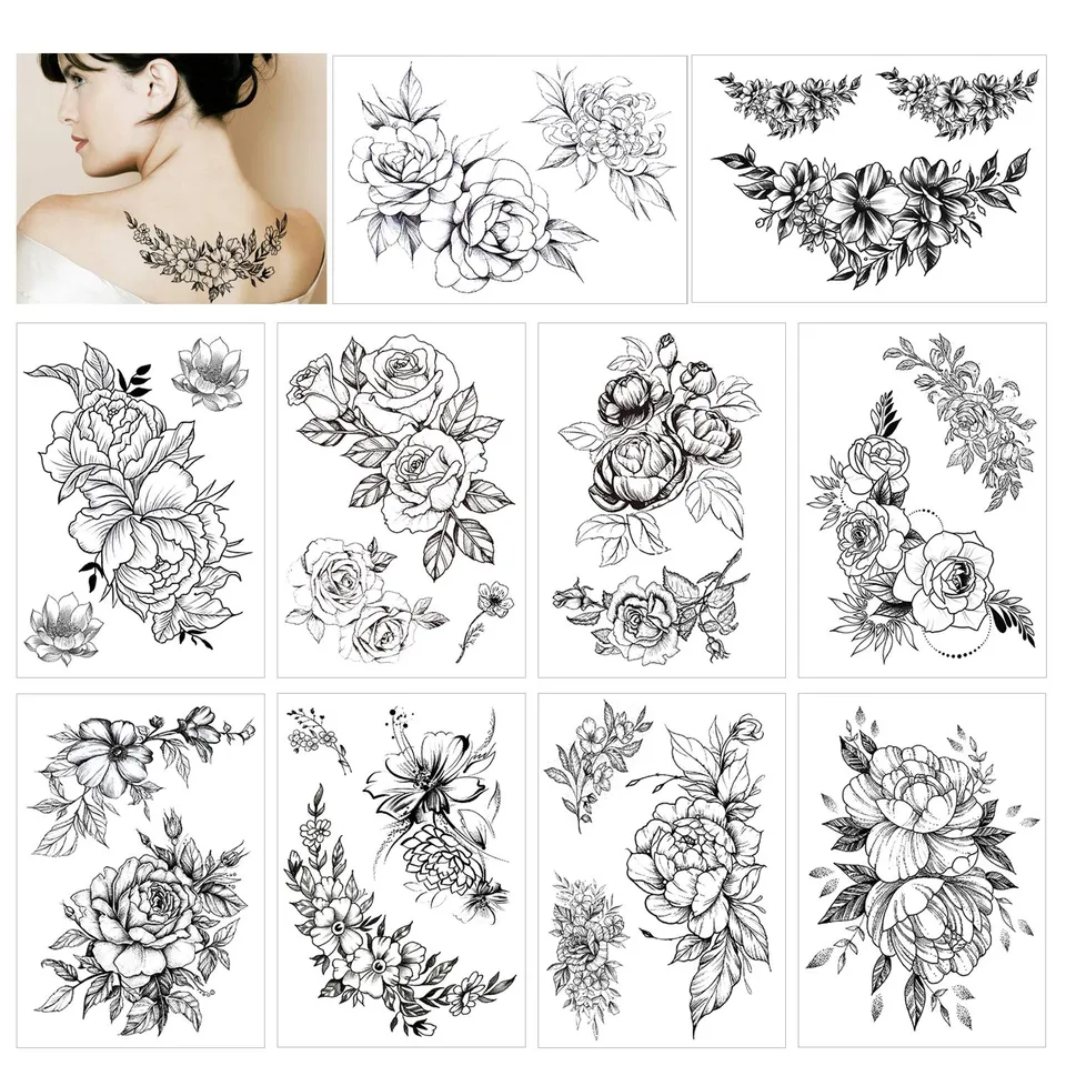 howaf-rose-tempor-re-tattoos-schwarz-10-blatt-blume image 1