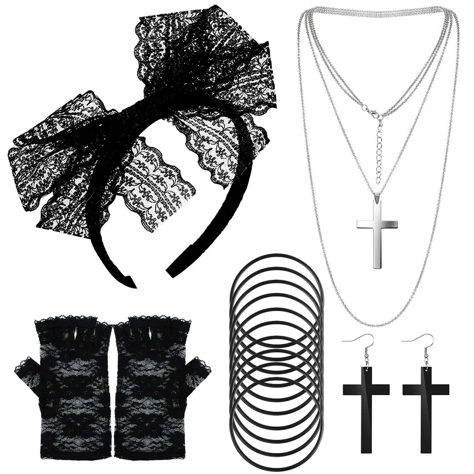 howaf-80er-jahre-kost-m-set-damen-schwarz-accessoires-spitzen image 1