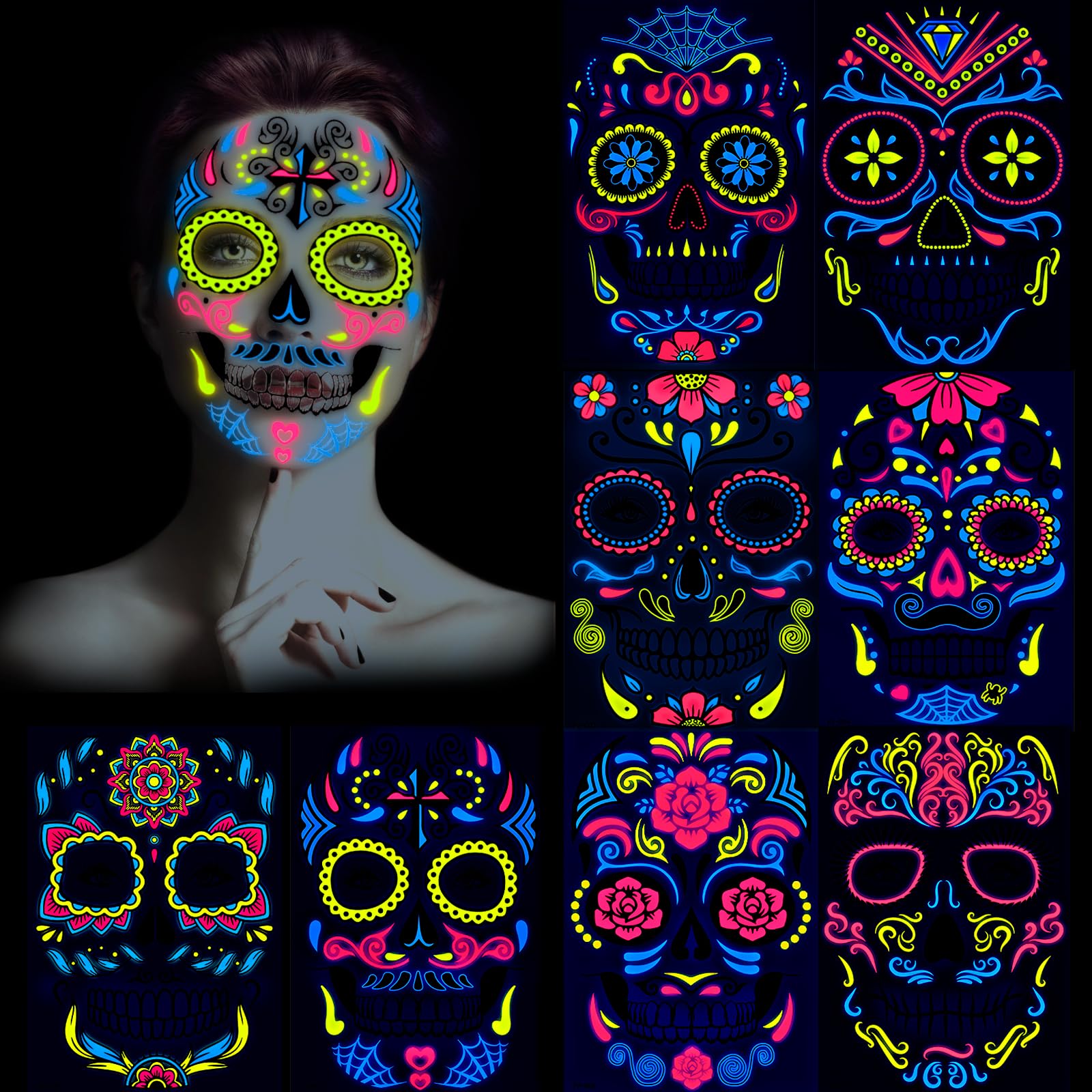 howaf-halloween-gesichtstattoos-neon-8-blatt-totenkopf image 1