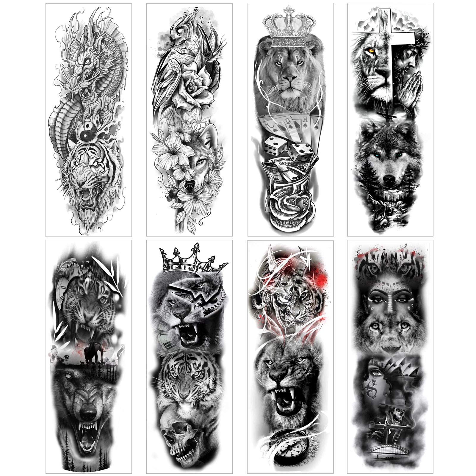 howaf-full-arm-tattoos-tempor-r-wolf-l-we-8-bl-tter-wasserdicht image 2