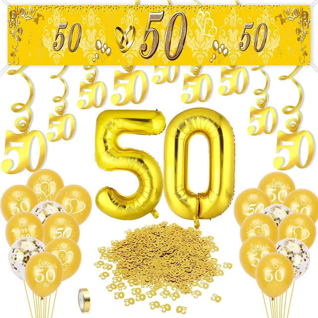 howaf-goldene-hochzeit-deko-set-gold-zahl-50-ballons-banner-konfetti image 1