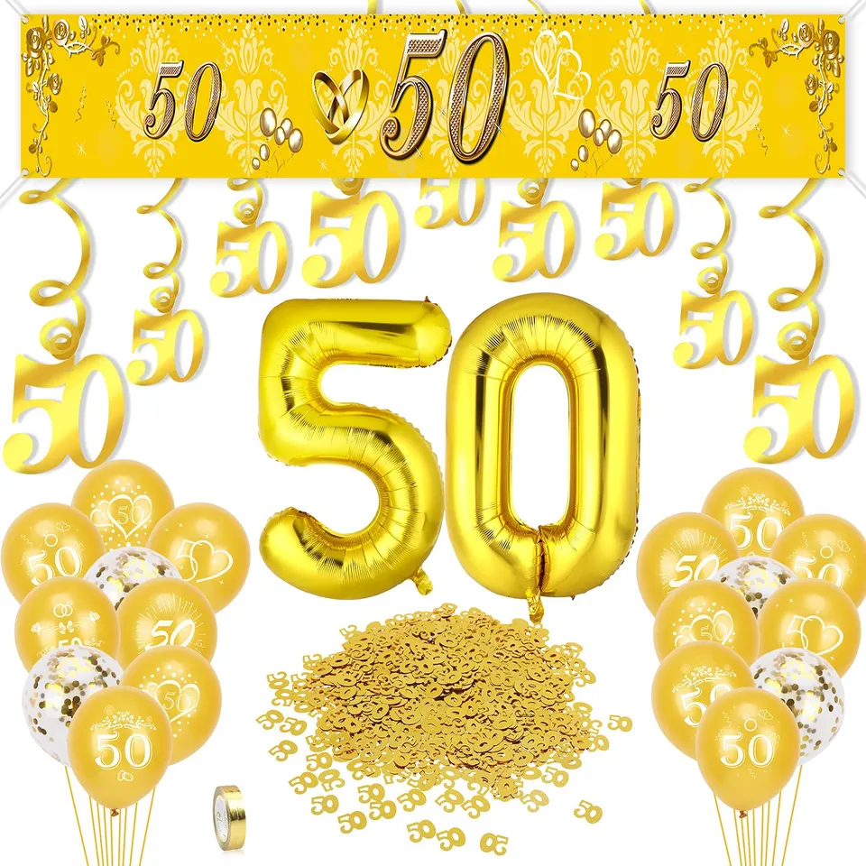 howaf-goldene-hochzeit-deko-set-gold-zahl-50-ballons-banner-konfetti image 1