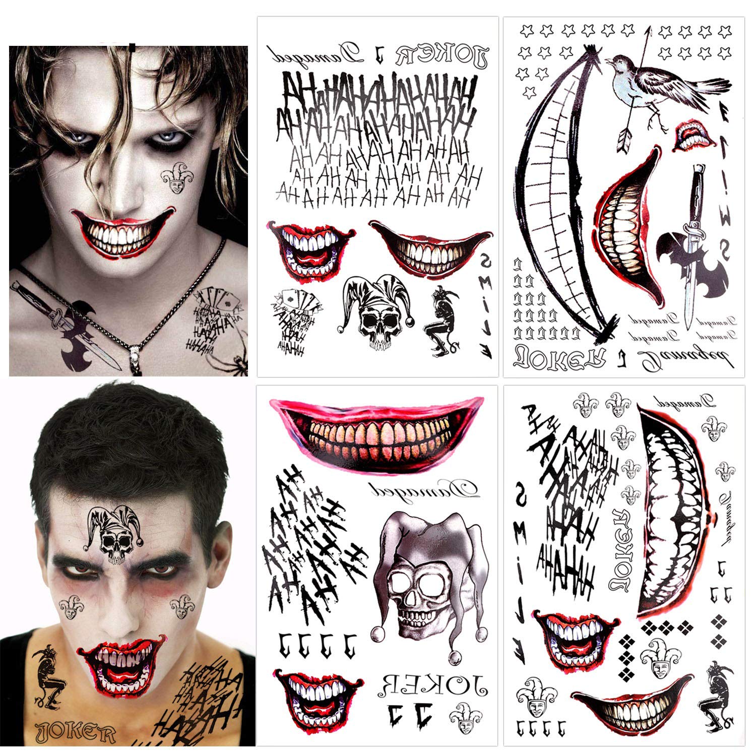 howaf-temporary-tattoos-joker-halloween-gesichtstattoos-8-blatt-clown image 1