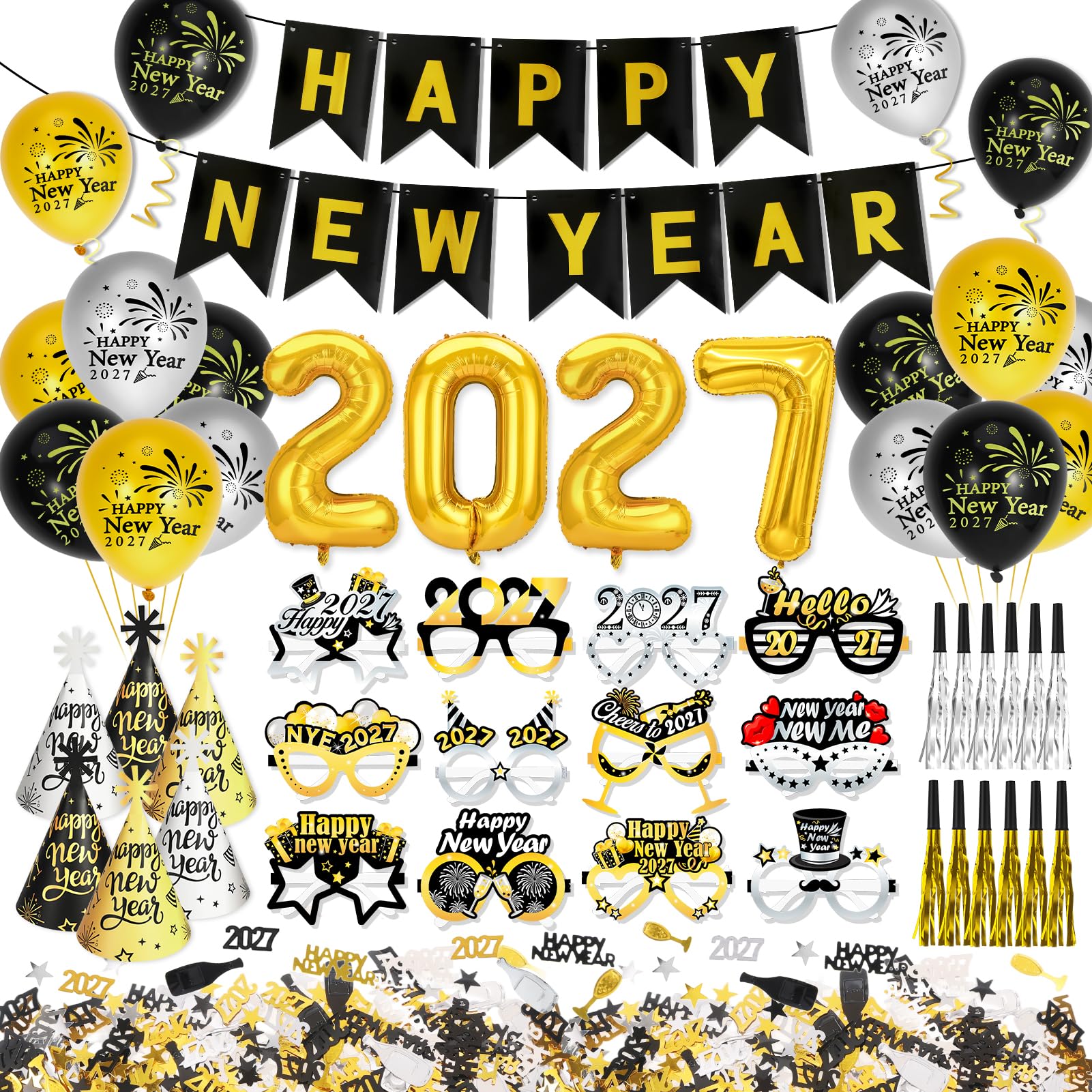 howaf-silvester-deko-2027-set-schwarz-gold-mit-ballons image 1