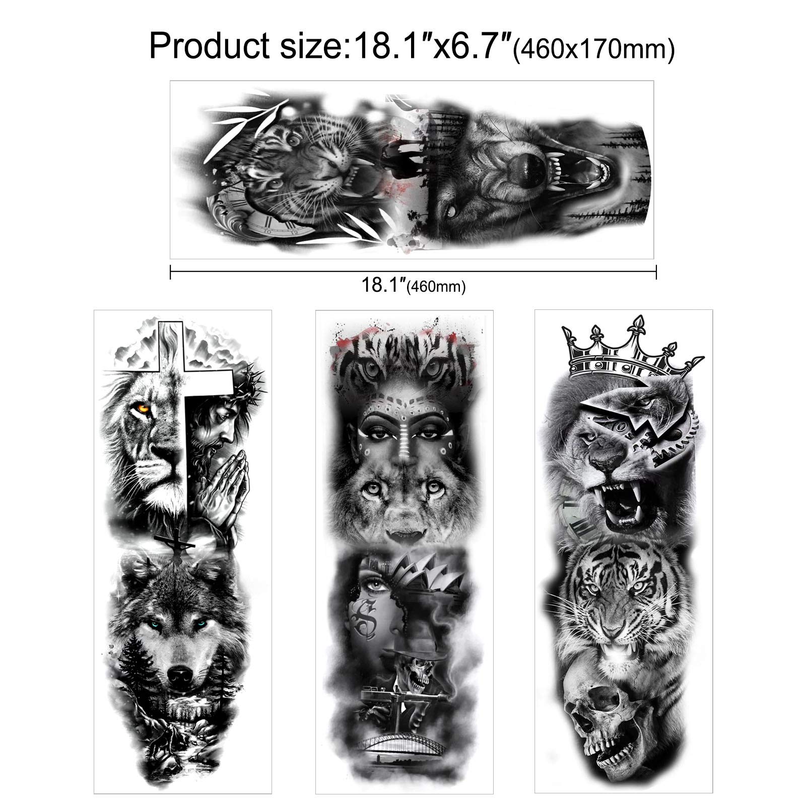 howaf-full-arm-tattoos-tempor-r-wolf-l-we-8-bl-tter-wasserdicht image 4