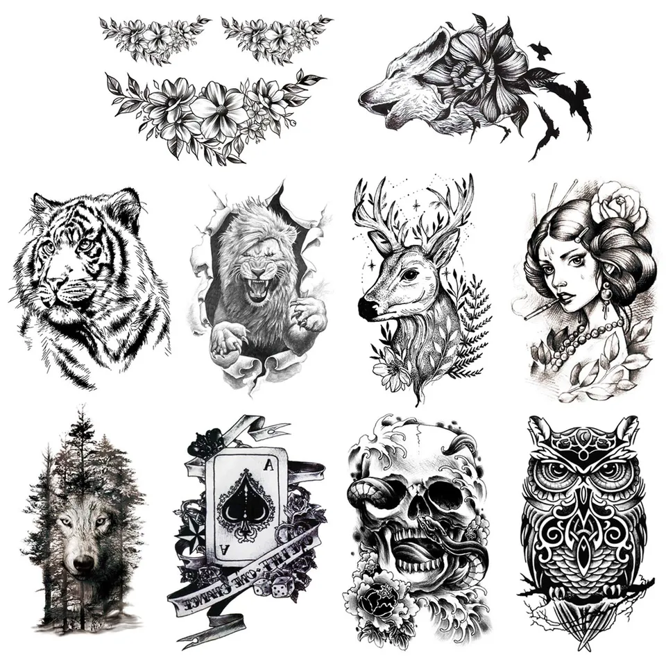 howaf-tempor-re-tattoos-schwarz-gro-10-blatt-l-we-tiger-wasserfest image 1