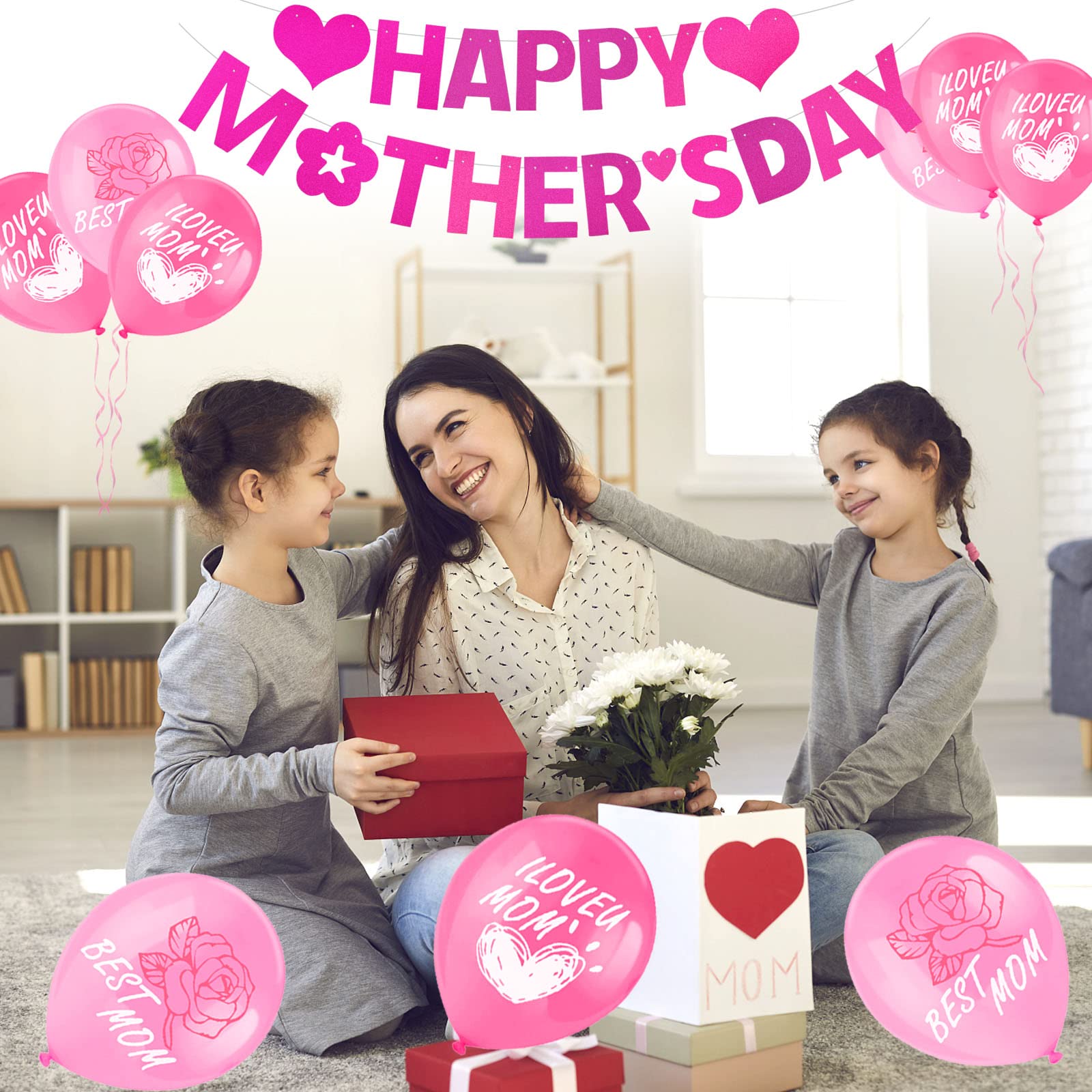 howaf-muttertag-deko-set-banner-rosa-20-latexballons-best-mom image 6