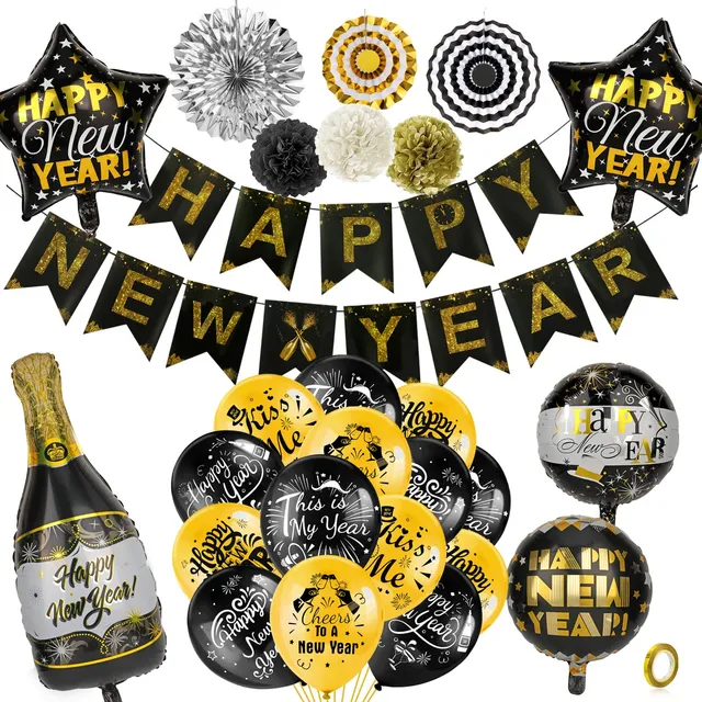 howaf-silvester-deko-2025-set-schwarz-gold-happy-new-year image 1