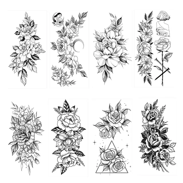 howaf-temporary-tattoos-schwarz-rose-8-bl-tter-blumen image 1