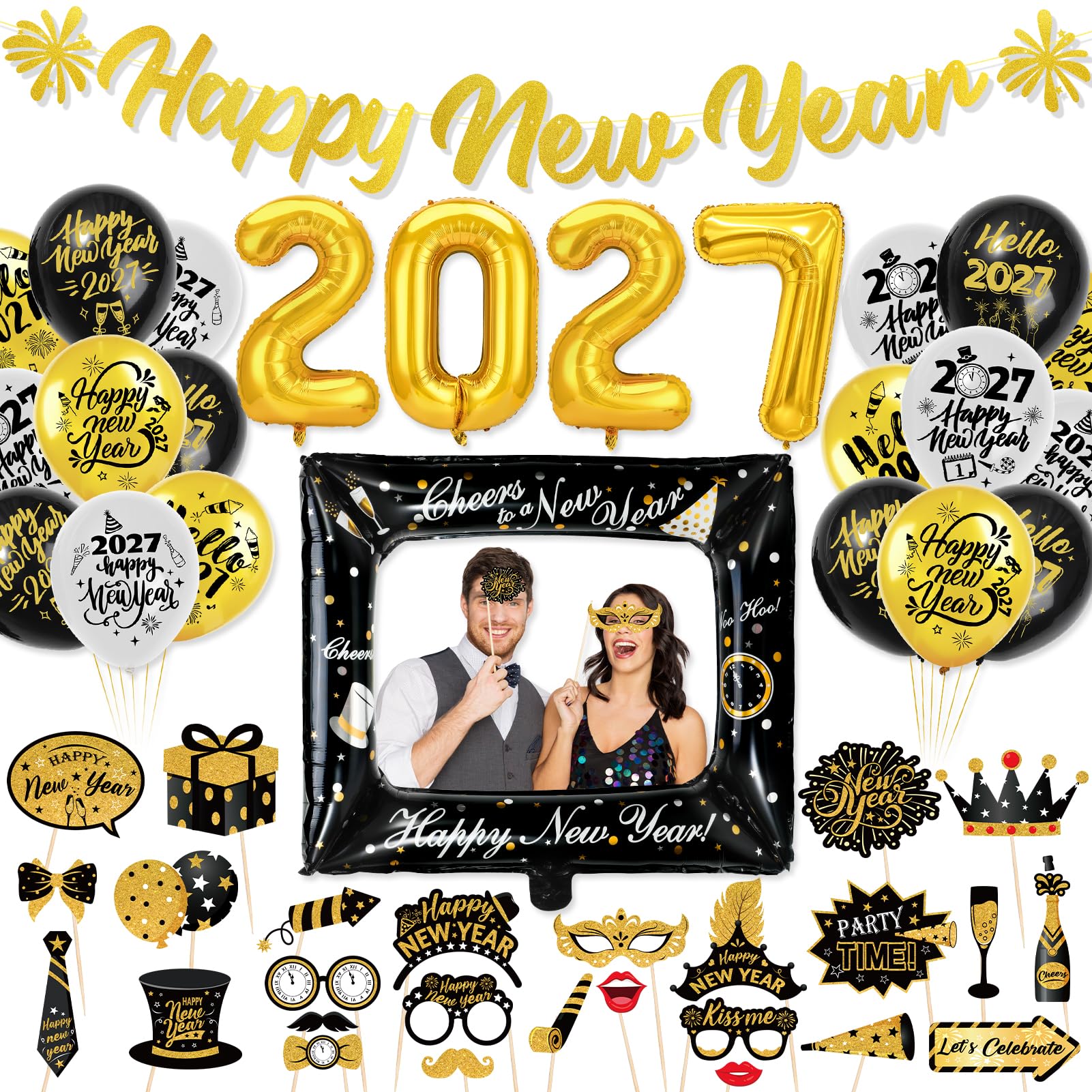 howaf-silvester-deko-2027-set-schwarz-gold-mit-ballons-2 image 1