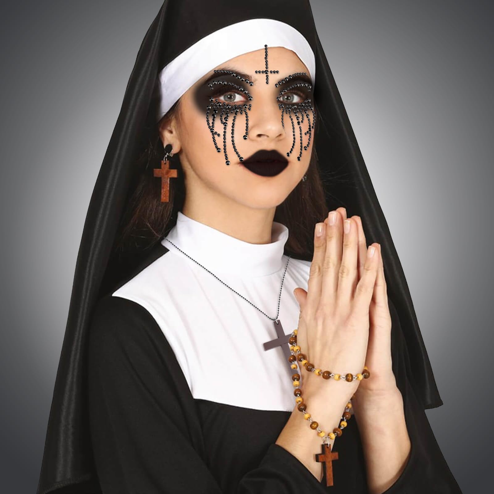 howaf-nonne-kost-m-damen-set-mit-haube-kreuzkette-tattoo image 6