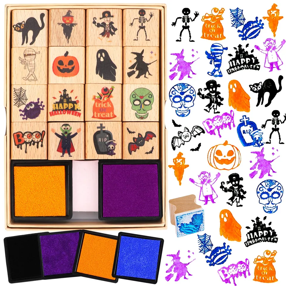 howaf-halloween-holzstempel-16-tlg-stempelset-mit-stempelkissen image 1