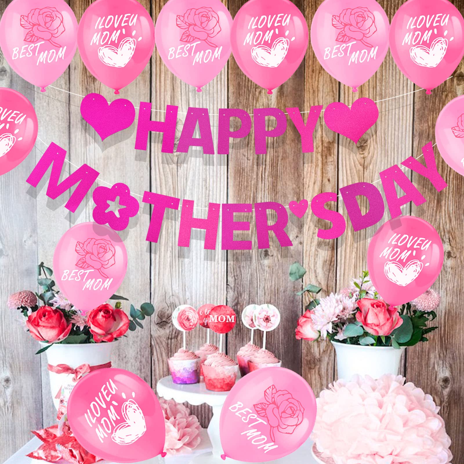 howaf-muttertag-deko-set-banner-rosa-20-latexballons-best-mom image 7
