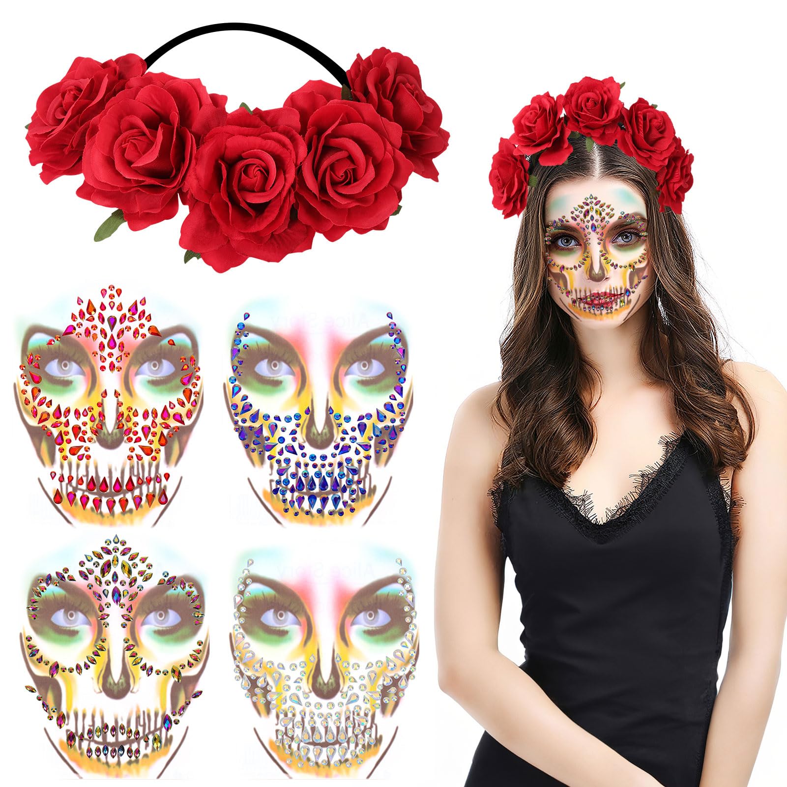 howaf-tag-der-toten-haarreif-rosen-4-gesichtstattoos-set image 1