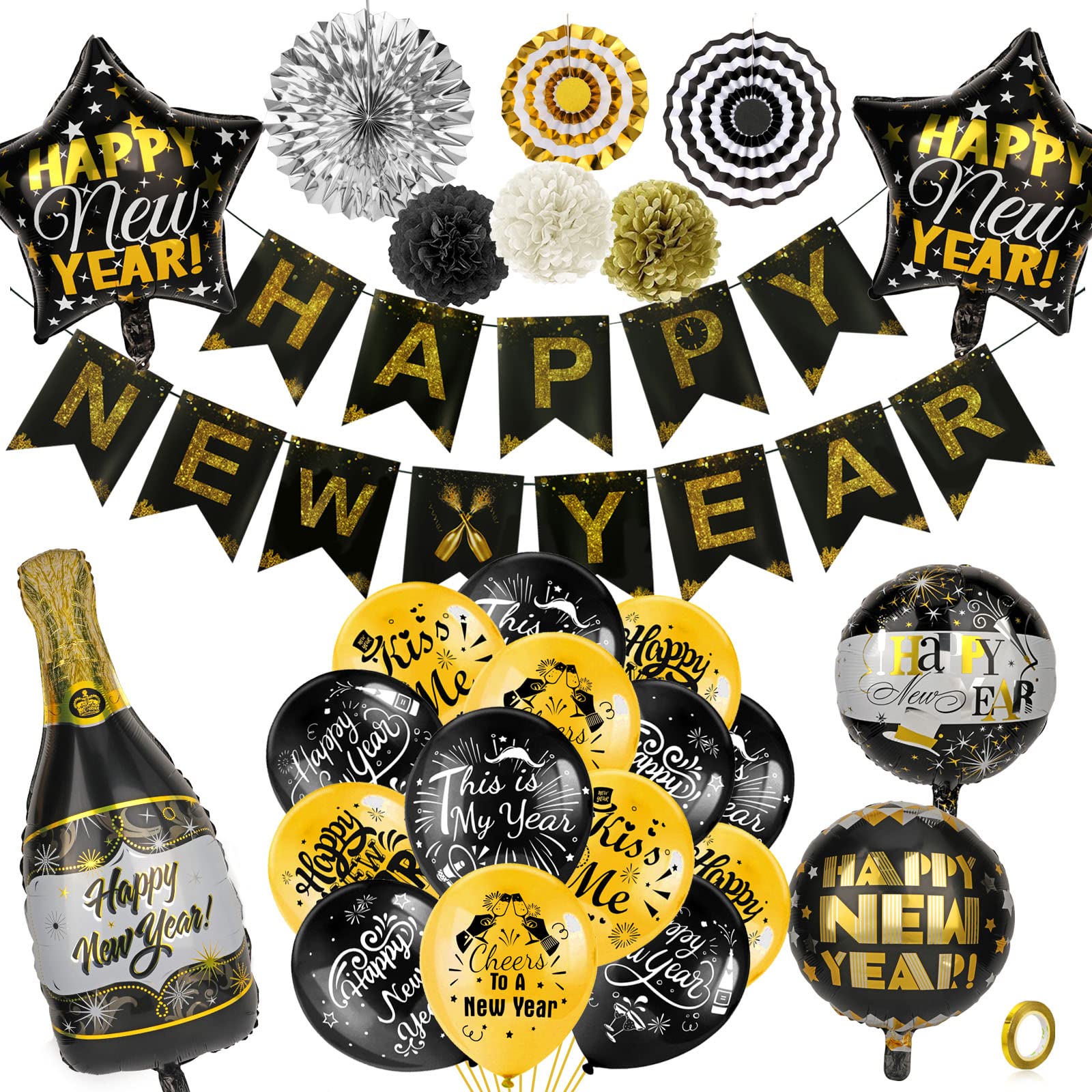 howaf-silvester-deko-2025-set-schwarz-gold-happy-new-year image 1