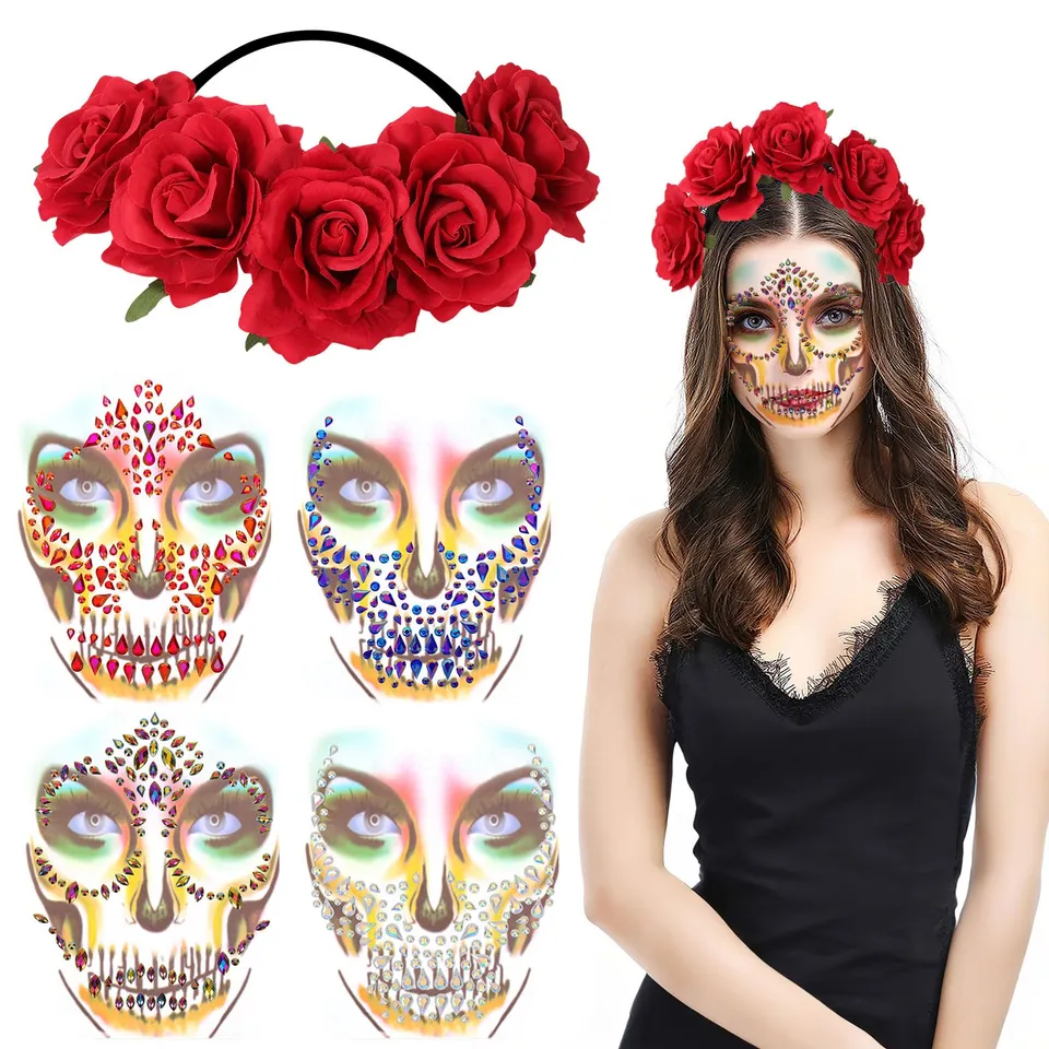 howaf-tag-der-toten-haarreif-rosen-4-gesichtstattoos-set image 1
