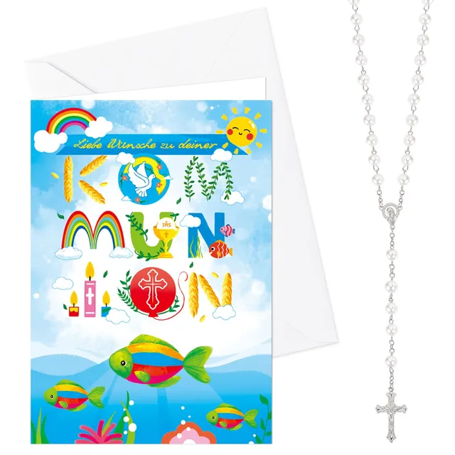 howaf-kommunion-pop-up-karte-fisch-mit-rosenkranz-rosa-erstkommunion image 1