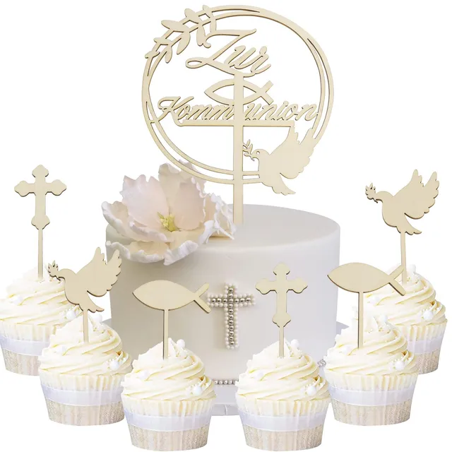 howaf-kommunion-cake-topper-holz-7tlg-fisch-kreuz-taube image 1