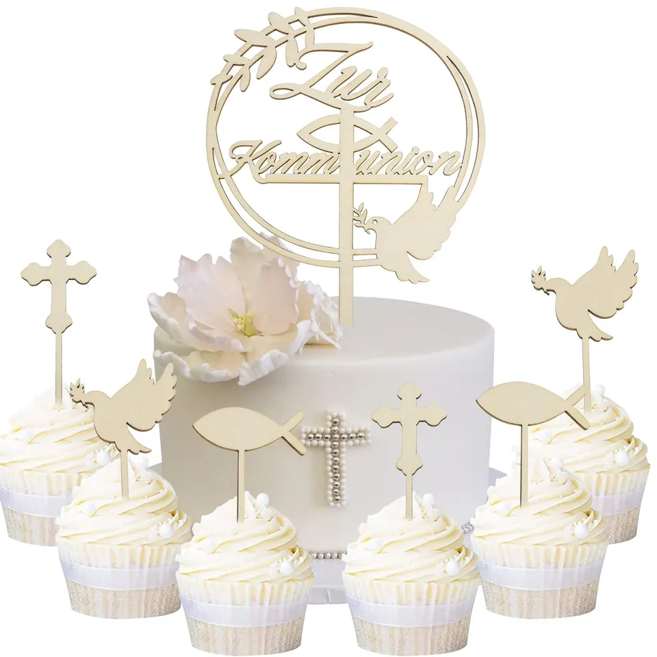 howaf-kommunion-cake-topper-holz-7tlg-fisch-kreuz-taube image 1