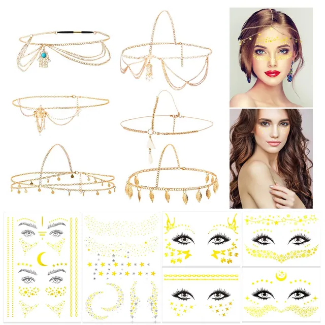 howaf-festival-haarschmuck-kopfkette-gold-set-mit-tattoos image 1