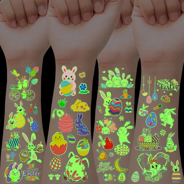 howaf-ostern-tattoos-kinder-12-bl-tter-leuchttattoos-mit-hase image 1