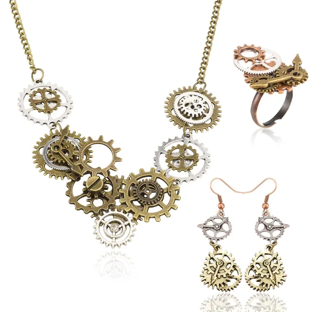 howaf-steampunk-zahnr-der-schmuckset-halskette-ohrringe-ring-damen image 1
