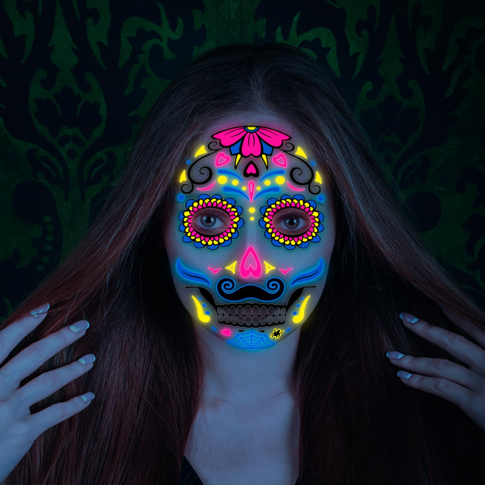 howaf-halloween-gesichtstattoos-neon-8-blatt-totenkopf image 6