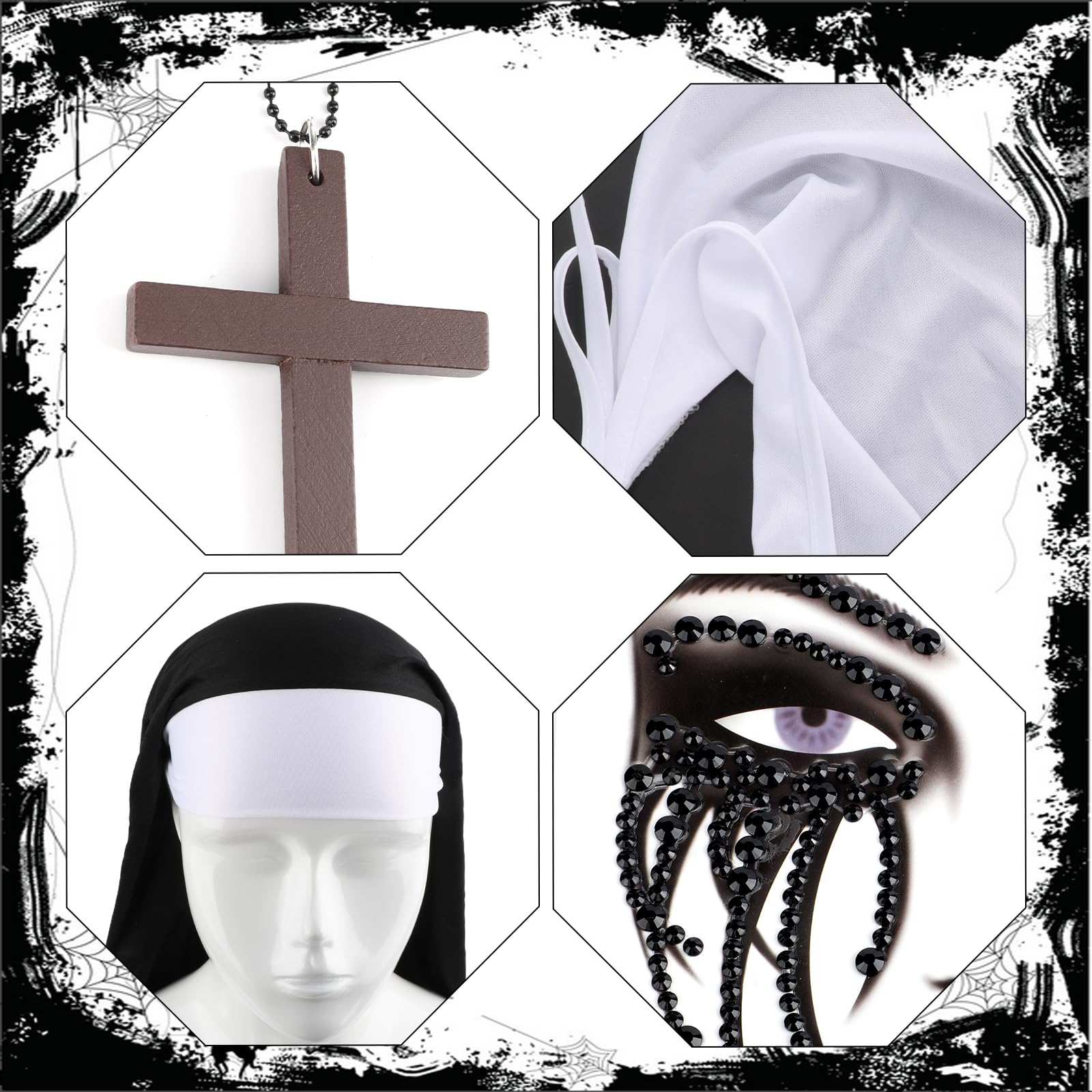 howaf-nonne-kost-m-damen-set-mit-haube-kreuzkette-tattoo image 3