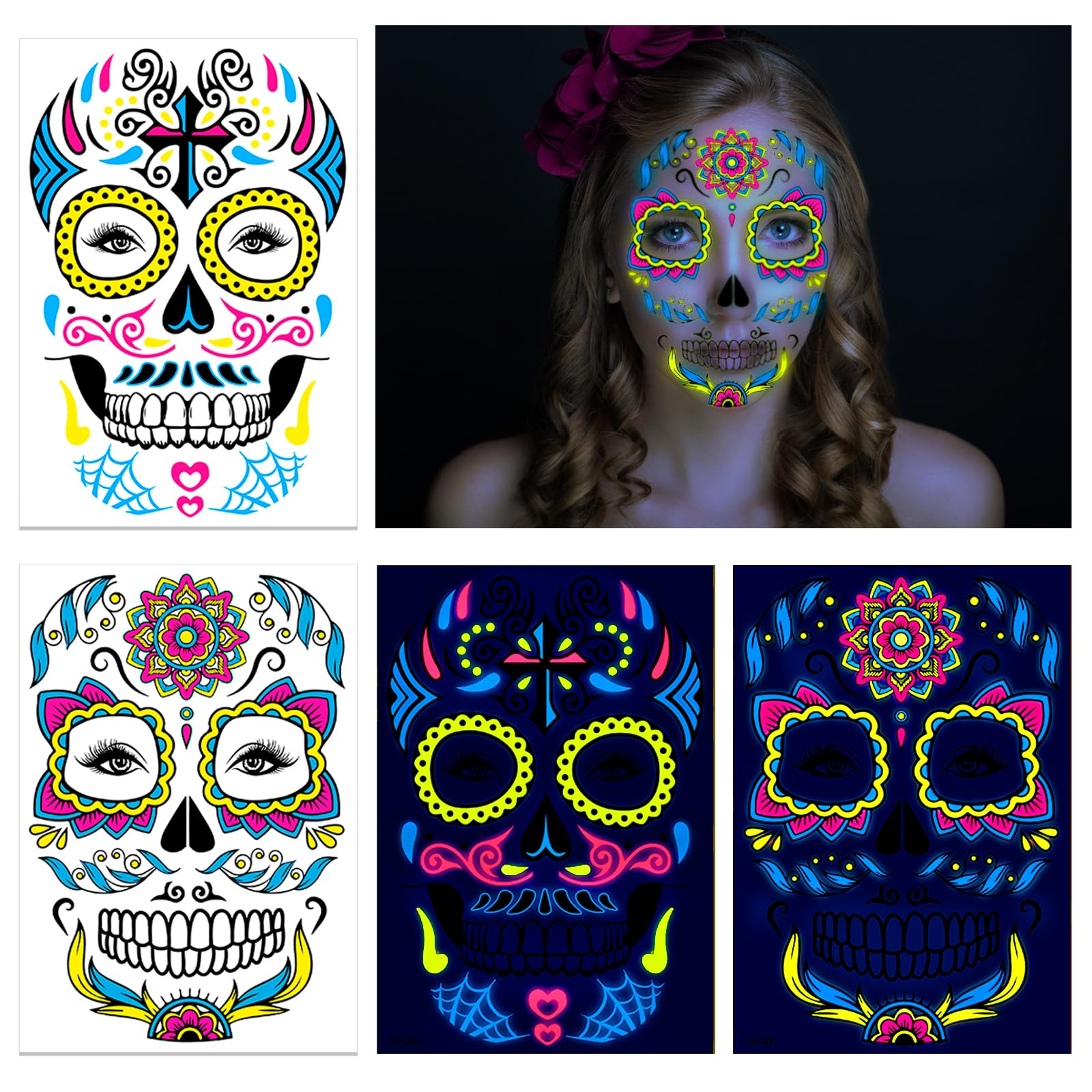 howaf-halloween-gesichtstattoos-neon-8-blatt-totenkopf image 4