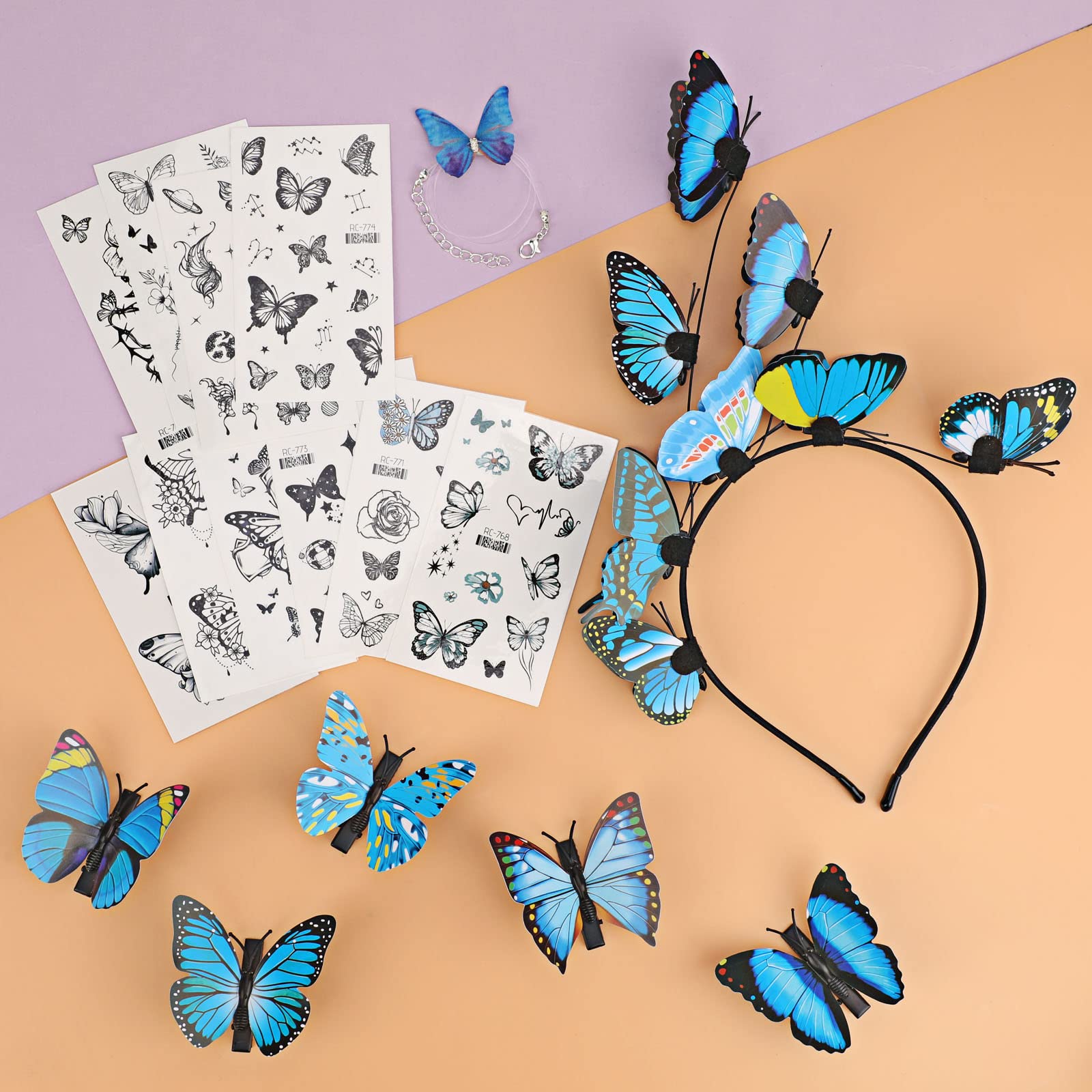 howaf-schmetterling-kost-m-set-blau-haarreif-tattoos-damen image 4