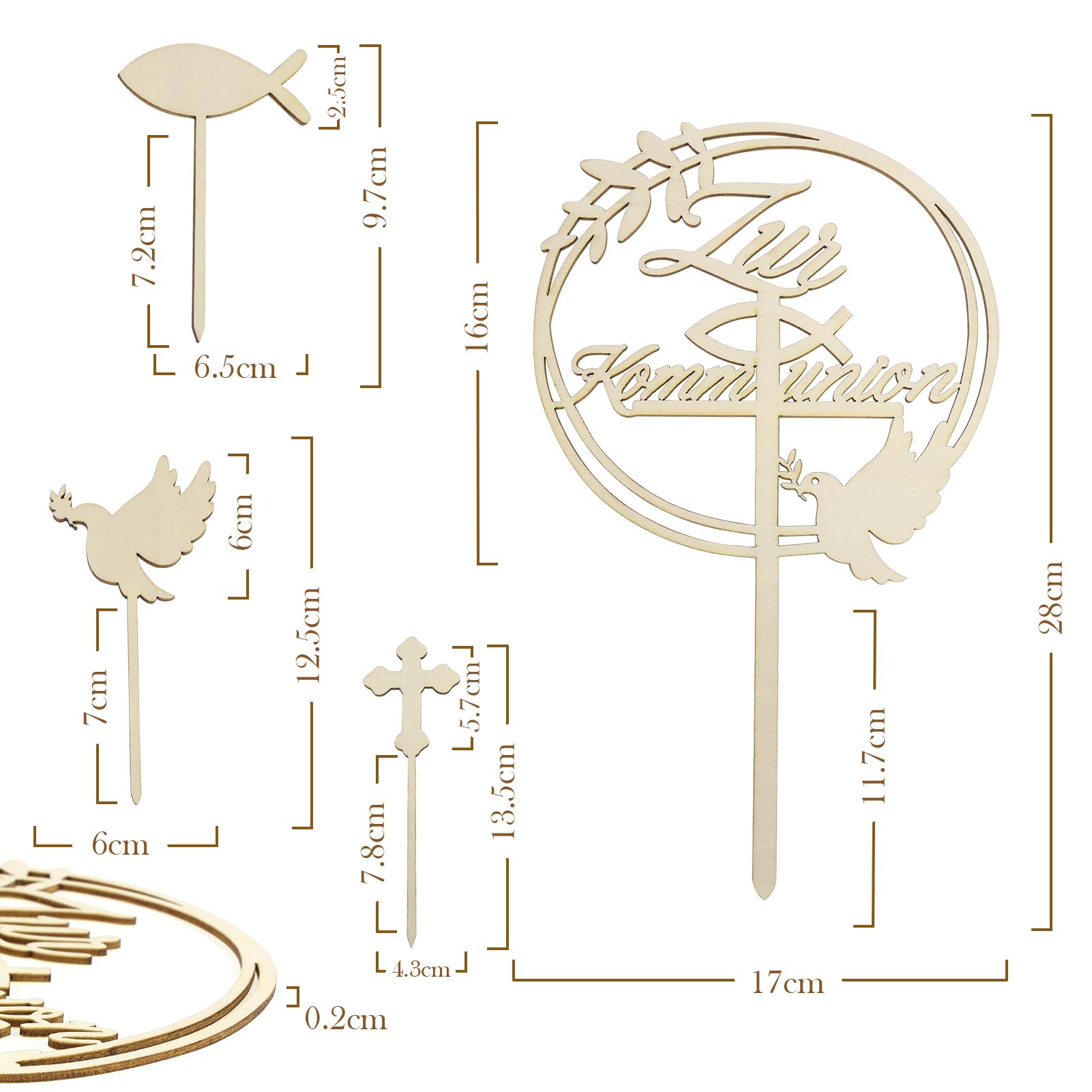 howaf-kommunion-cake-topper-holz-7tlg-fisch-kreuz-taube image 2