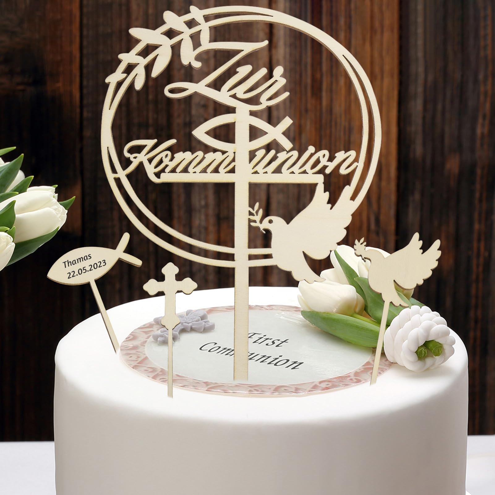 howaf-kommunion-cake-topper-holz-7tlg-fisch-kreuz-taube image 4