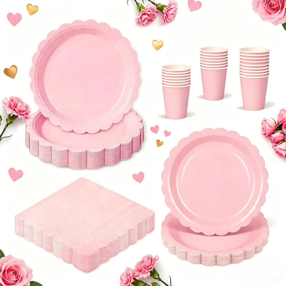qifu-pappteller-partygeschirr-rosa-96-tlg-f-r-24-g-ste image 1