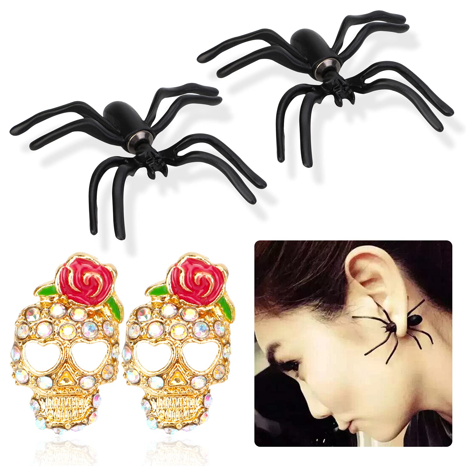 howaf-halloween-ohrringe-2-paare-spinne-totenkopf-ohrstecker image 1