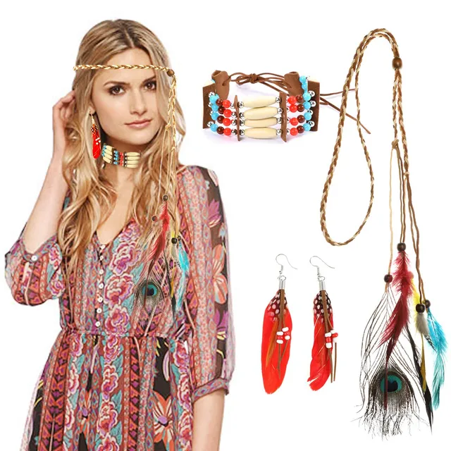 howaf-indianer-kopfschmuck-damen-stirnband-federn-boho-set image 1