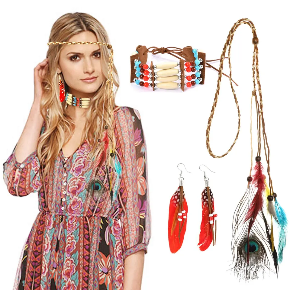 howaf-indianer-kopfschmuck-damen-stirnband-federn-boho-set image 1