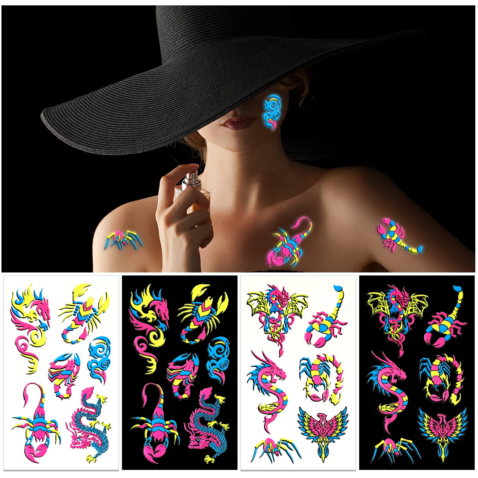 howaf-temporary-tattoos-neon-tattoo-schwarzlicht-10-bl-tter-drachen image 4