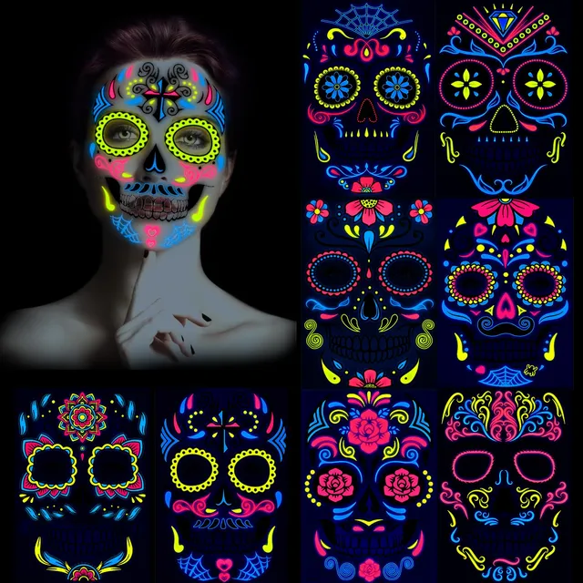 howaf-halloween-gesichtstattoos-neon-8-blatt-totenkopf image 1