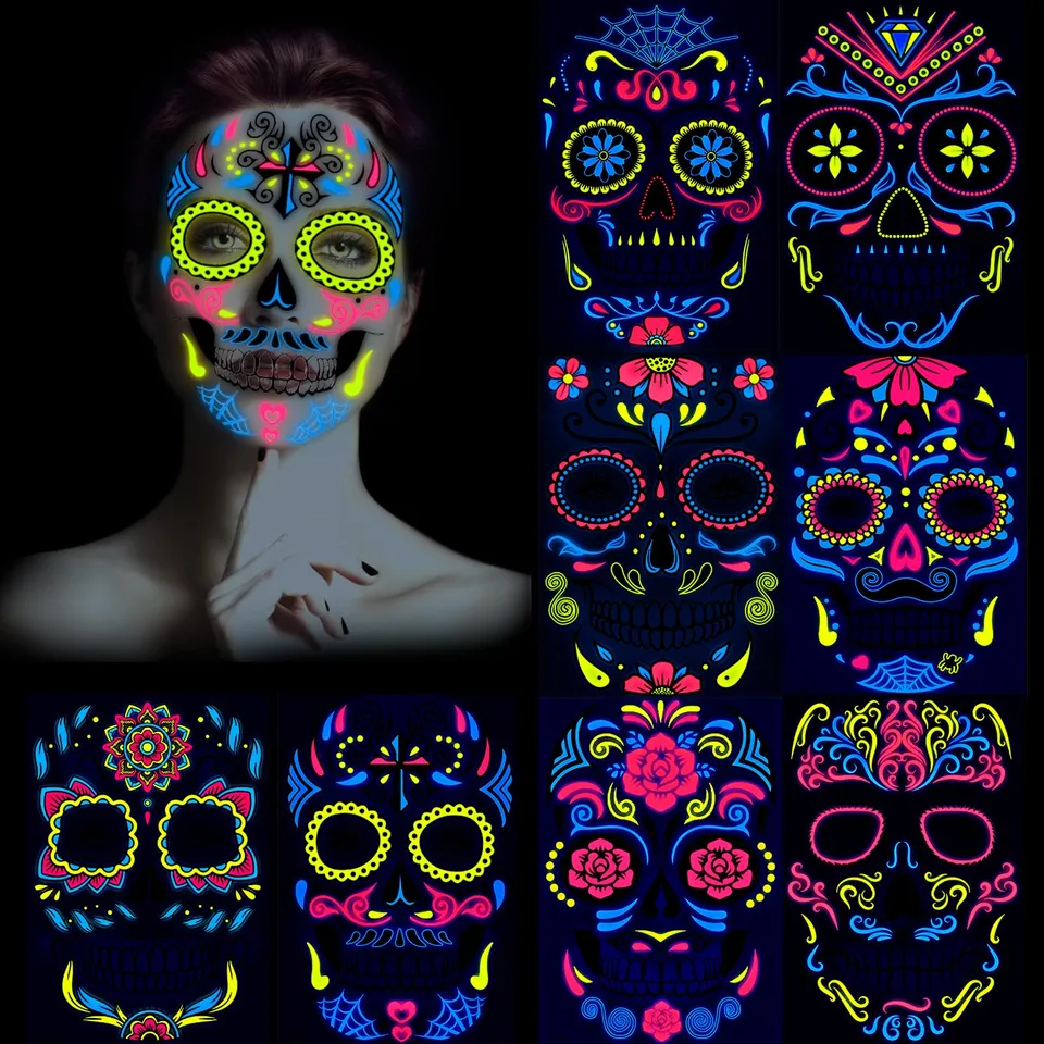howaf-halloween-gesichtstattoos-neon-8-blatt-totenkopf image 1