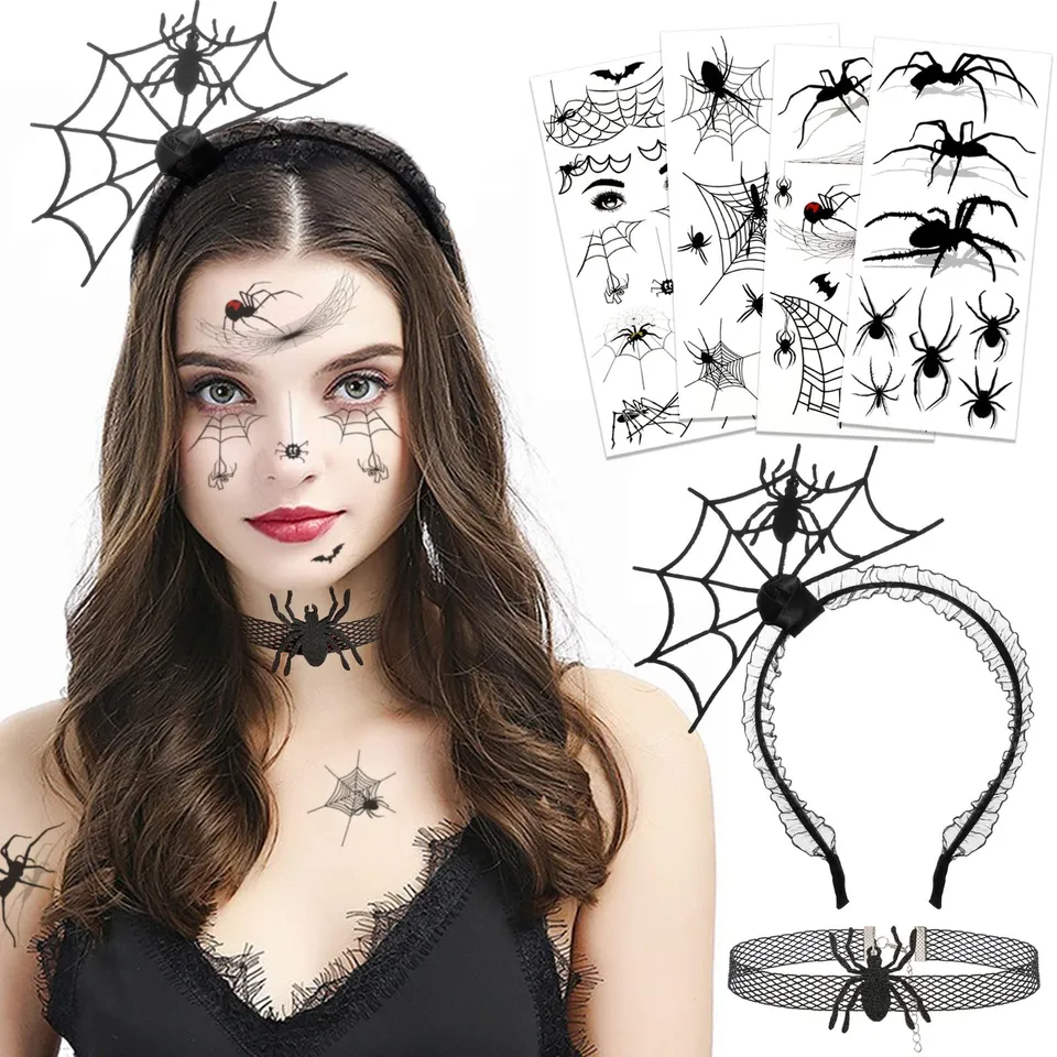howaf-temporary-tattoos-spinnen-a-kost-mset-haarreif-halloween image 1