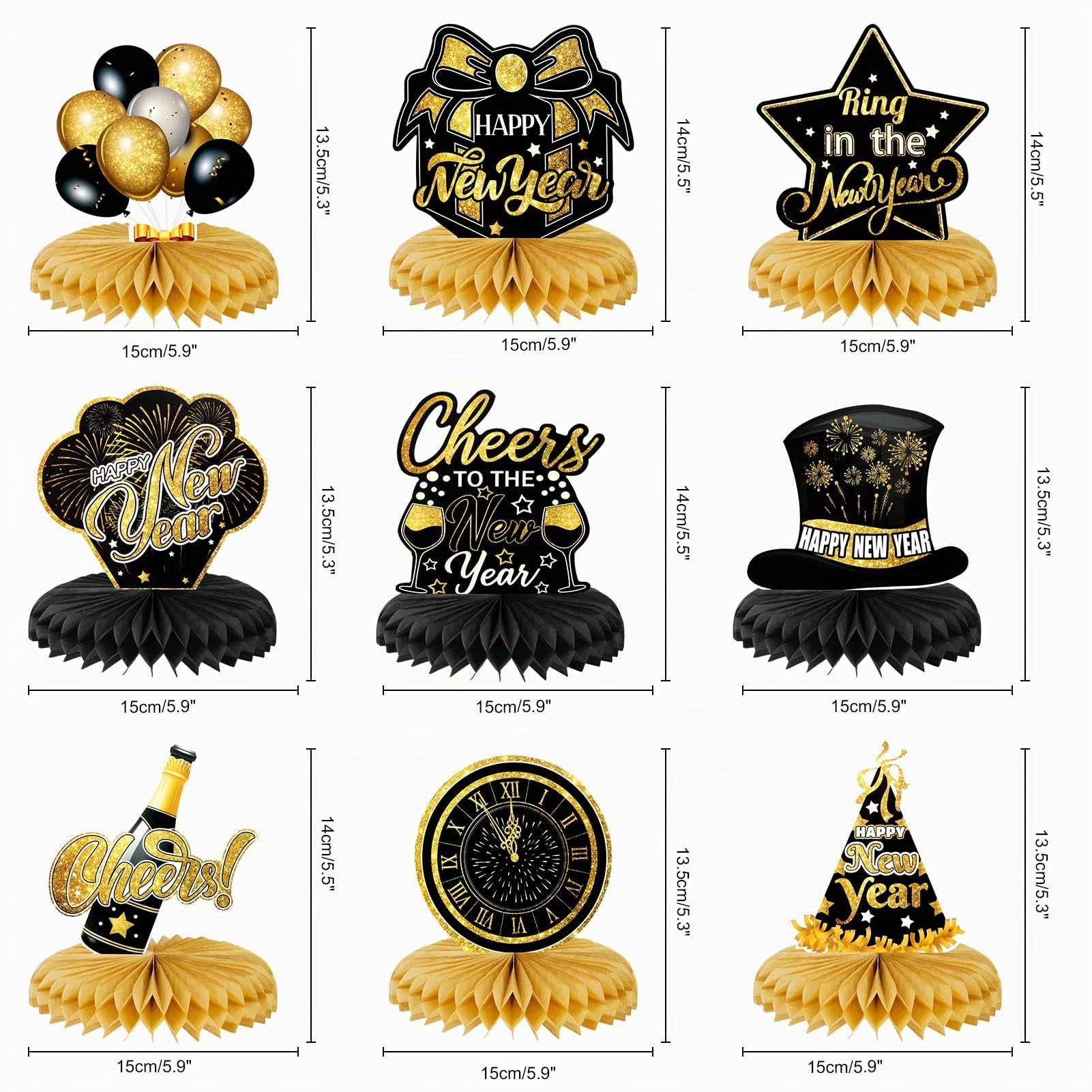 howaf-silvester-deko-2027-bienenwabe-tischdeko-schwarz-gold-9-stk image 2