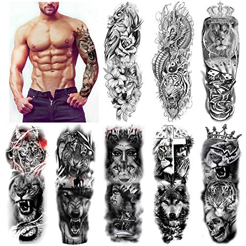 howaf-full-arm-tattoos-tempor-r-wolf-l-we-8-bl-tter-wasserdicht image 8