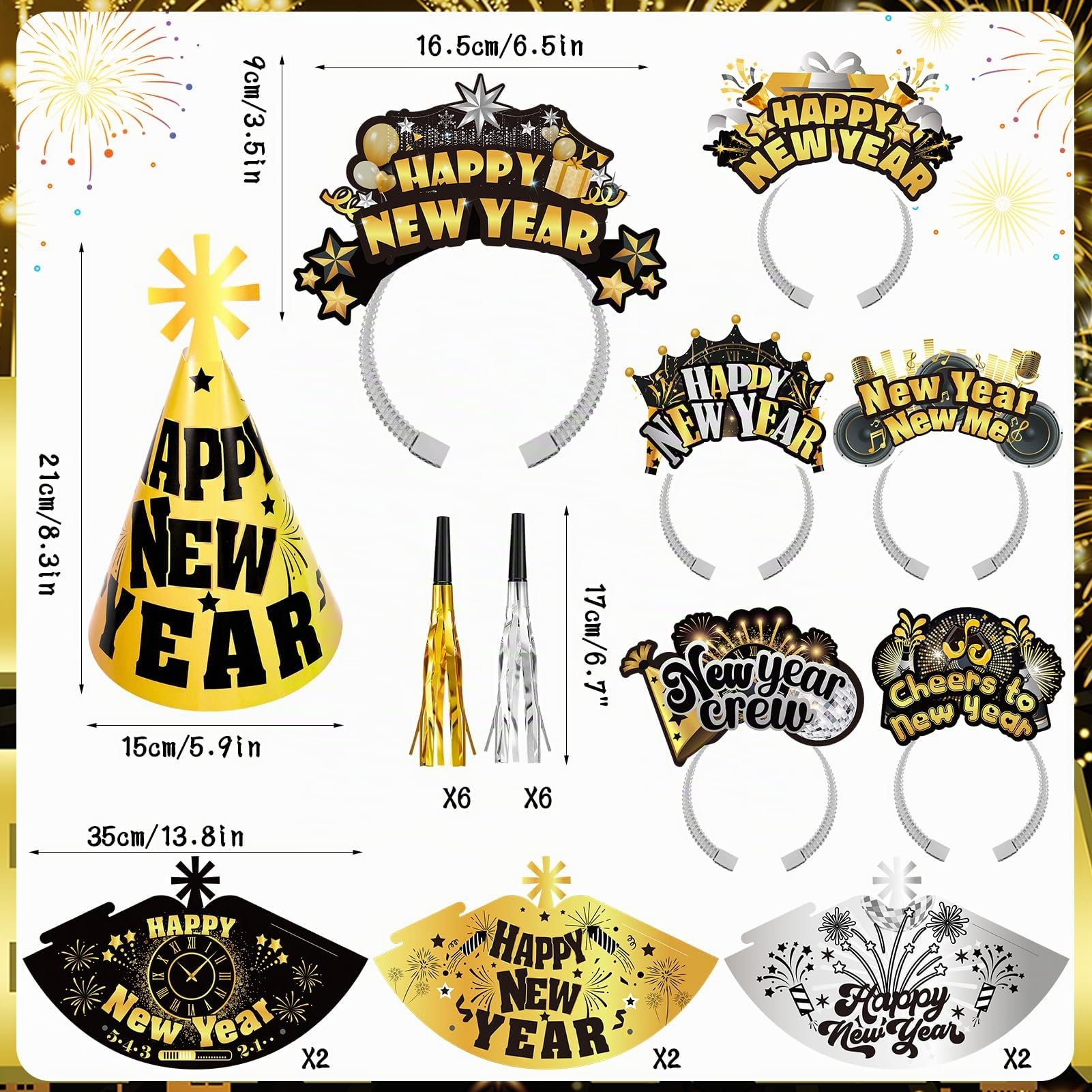 howaf-silvester-deko-2027-set-schwarz-gold-24-teilig-glitzer image 2